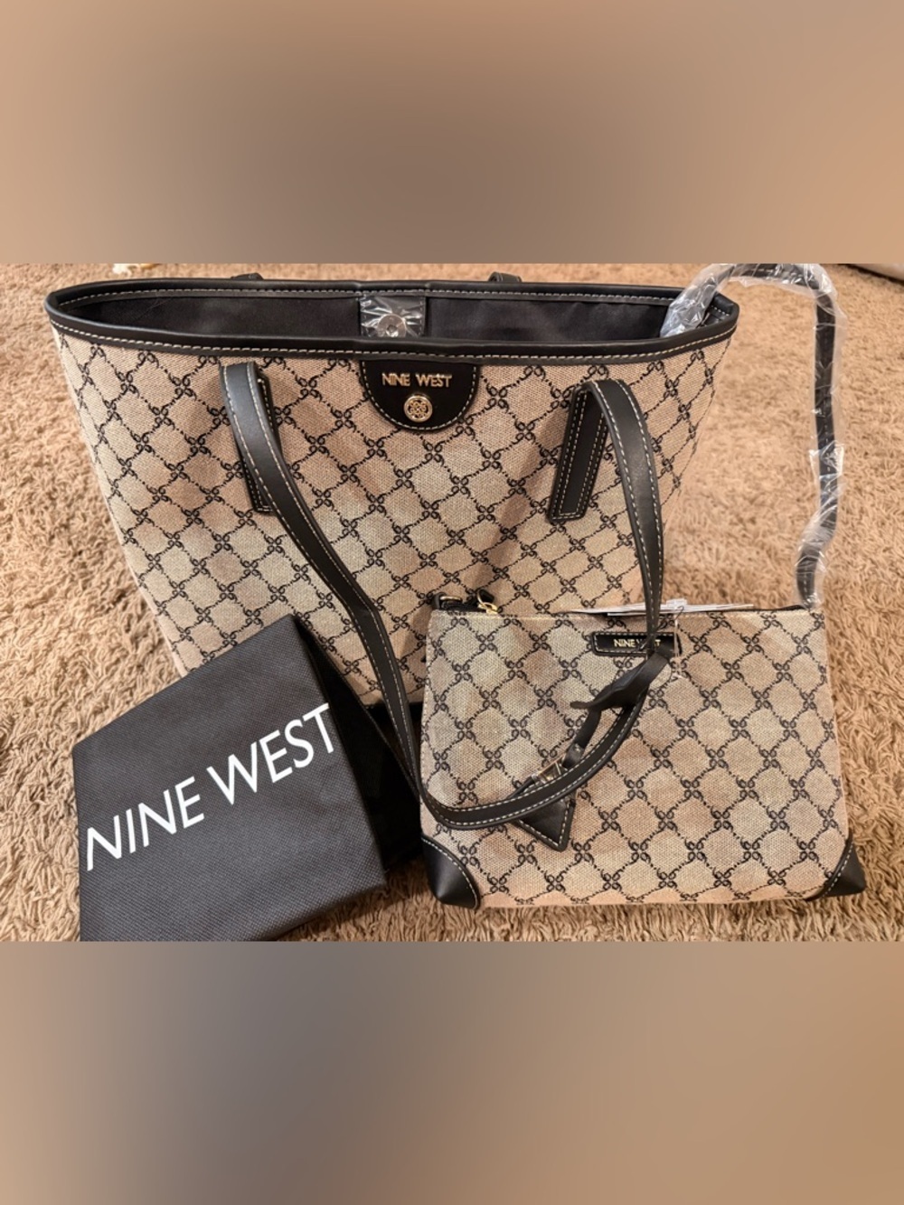 Nine West Beige and Black Logo Tote with Matching Pouch